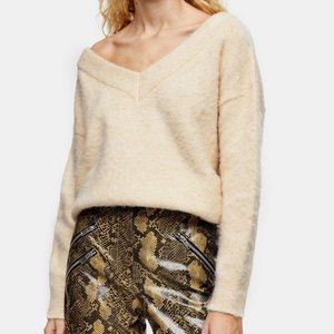 TOPSHOP Oat Knitted Brushed Bardot V Neck Sweater